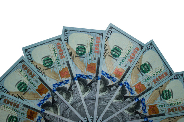 Arka plan olarak yapılmış 100 dolarlık banknotların en üst görüntüsü. Amerikan doları konsepti. Amerikan dolarının dokusu yakın çekim - Fotoğraf, Görsel