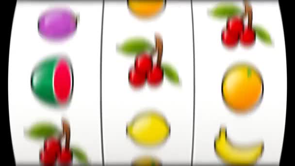 Hedelmät hedelmäpeli. 3D hedelmäpeli lyömällä 3 kirsikat - Materiaali, video