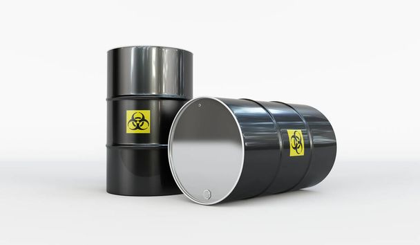3D-weergave van een paar stalen vaten met radioactief of gevaarlijk materiaal - Foto, afbeelding