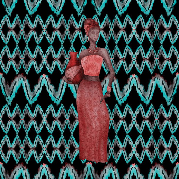 Watercolor seamless pattern with African woman on ethnic zigzag background. Colorful texture for any kind of a design. Contemporary art. - Фото, зображення