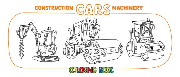 Conjunto de carros pequenos de construção engraçada. Livro para colorir - Vetor, Imagem