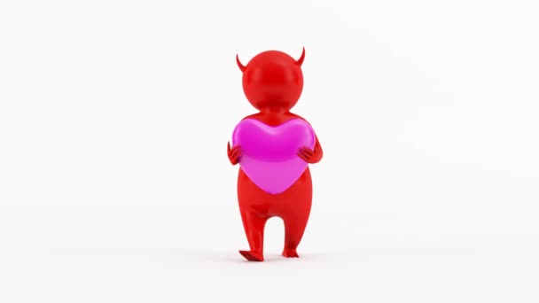 Personajecito 3D diablo rojo - Animación de personajes 3D - Personajecito Diablo Rojo, llevando un corazón rosa gigante - Metraje, vídeo
