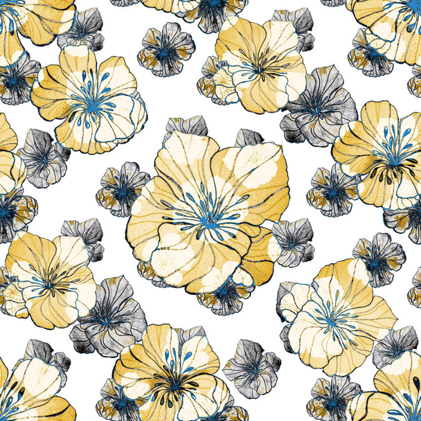 Beautiful seamless pattern with watercolor stylized flowers. Floral summer  print. Golden texture. Contemporary art. - Valokuva, kuva