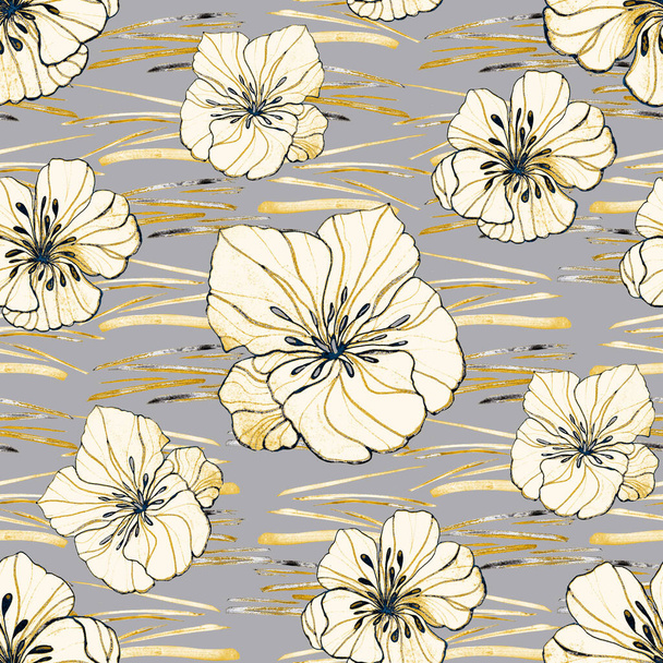 Beautiful seamless pattern with watercolor stylized flowers. Floral summer  print. Golden texture. - Fotoğraf, Görsel