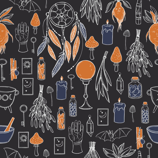 Hand drawn magical occult lements. Sorceress collection.  Sacred mysterious art. Vector seamless  pattern. - Vector, Image