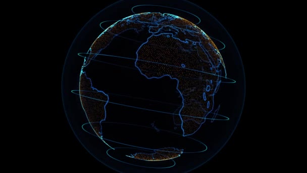 Terra holográfica. Terra holográfica 3D 4k com grandes cidades do mundo com feixes de luz e partículas para cada continente - Filmagem, Vídeo