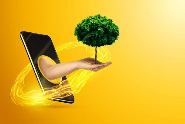Hand holds a tree, outstretched through the smartphone screen on a yellow background. The concept of protecting nature, global warming, clean environment - Фото, изображение