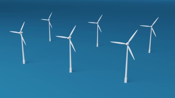 Tuuliturbiinit. 4k Tuuliturbiinien 3D-animaatio sinisellä pohjalla, Uusiutuvan energian konsepti - Materiaali, video