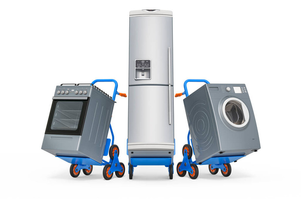 Entrega de eletrodomésticos conceito de eletrodomésticos. Caminhões de mão com geladeira, máquina de lavar roupa e fogão a gás. 3D renderização isolada no fundo branco - Foto, Imagem