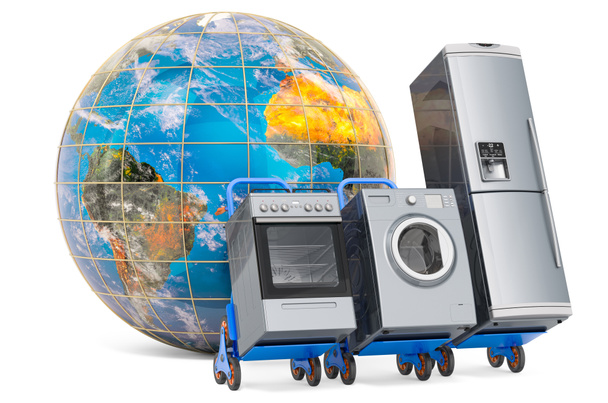 Achats mondiaux et livraison d'appareils ménagers de cuisine, rendu 3D - Photo, image