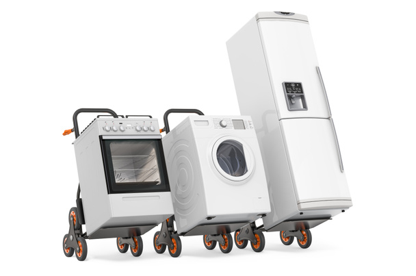 Buzdolabı, çamaşır makinesi ve gaz sobası olan el arabaları. Ev aletleri konseptinin teslimatı. Beyaz arkaplanda 3B görüntüleme izole edildi - Fotoğraf, Görsel