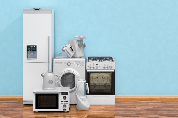 Moderni elettrodomestici da cucina in camera sul pavimento in legno, rendering 3D - Foto, immagini