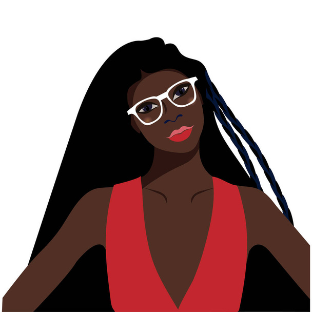 Πορτρέτο μιας όμορφης Αφρικανίδας που φοράει γυαλιά. Γυναικείο πορτρέτο. Σκέψη μαύρης ομορφιάς. Τα έθνη και οι φυλές. Αμερικανός φοιτητής. Διανυσματική επίπεδη απεικόνιση. Μεγάλη για avatars. - Διάνυσμα, εικόνα