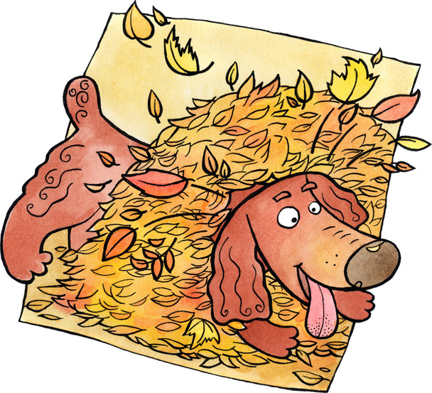 Собака грає в купі листя
 - Фото, зображення
