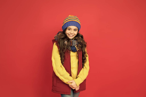 Winter ideas for fun. Fashion shop. Happy childhood. Winter fashion for kids. Happy winter holidays activity. Feeling warm and happy. Cheerful smiling hipster child long hair in stylish outfit - Fotografie, Obrázek