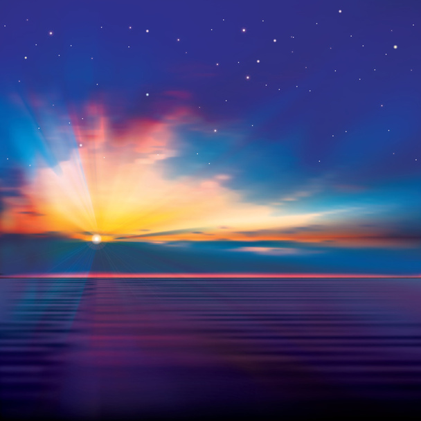 абстрактный синий фон с облаками и морским восходом
 - Вектор,изображение