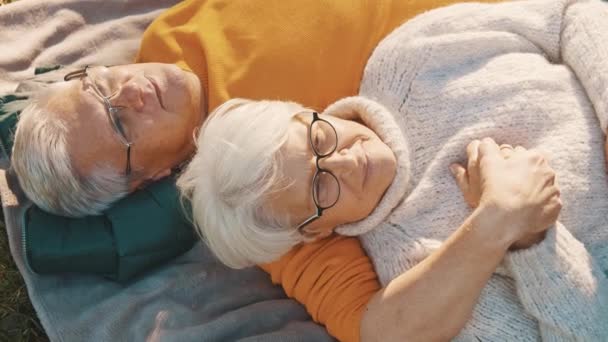 Elderly couple enjoying romantic autumn day in park, Lying on the blanket hugging and relaxing - Footage, Video