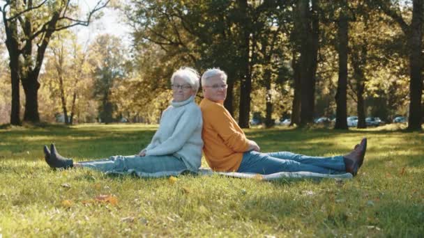 Elderly couple enjoying romantic autumn day in park sitting back to back and turning heads towards camera - Footage, Video