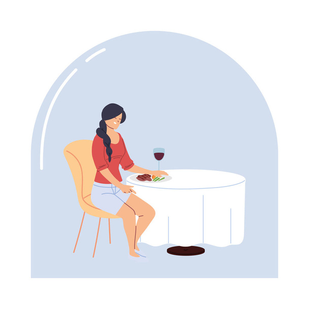 Jovem sentada em um restaurante jantando com um copo de vinho - Vetor, Imagem