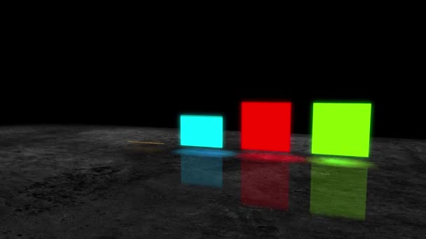 Luces de neón cuadradas brillantes y coloridas. 4K 3D coloridas luces cuadradas de neón apareciendo desde el suelo con reflejos - Metraje, vídeo