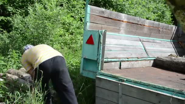άνθρωπος καταγραφής ξύλο ρυμουλκούμενου φορτίο - Πλάνα, βίντεο