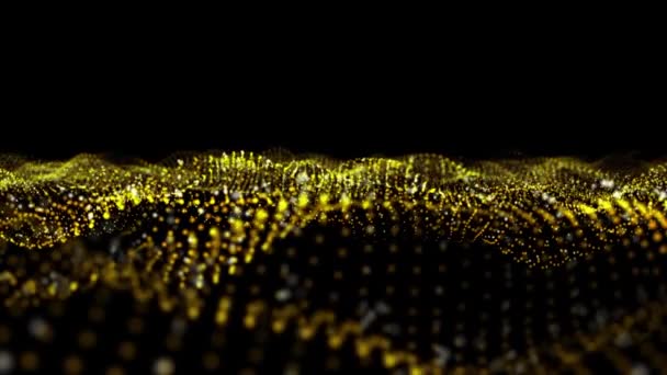 Animação 3D em câmera lenta de partículas de luz dourada dançando. 4K 3D renderização de uma animação de fundo abstrata com campos ondulados dourados feitos de partículas de luz - Filmagem, Vídeo