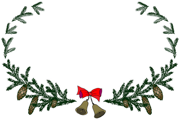  Ovaler Rahmen aus grünen Tannenzweigen und festlich goldenen Glocken mit roter Schleife auf weißem Hintergrund. Vektorillustration. Von Hand gezeichnet. - Vektor, Bild