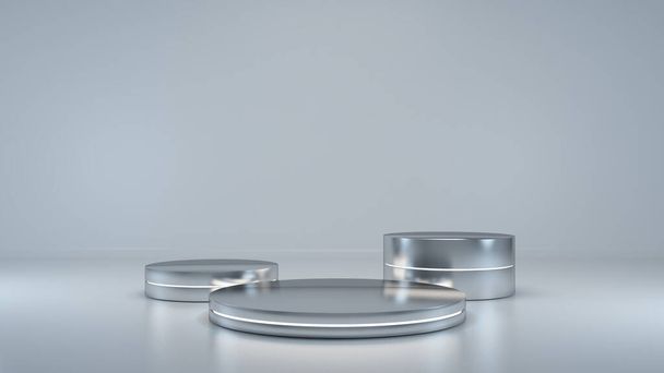 Хромированный цилиндр платформы абстрактный фон с неоновым светлым металлическим подиумом. Реалистичный 3D рендеринг стенда - Фото, изображение