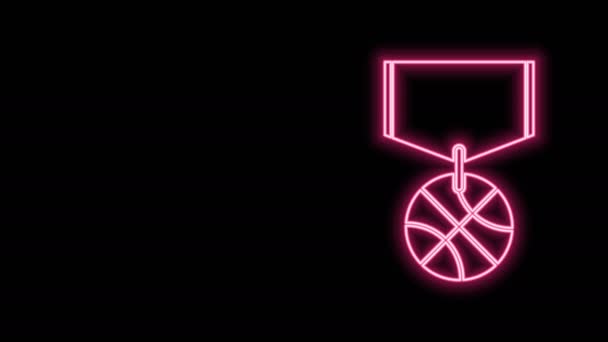 Ragyogó neon vonal Kosárlabda érem szalag ikon elszigetelt fekete háttér. 4K Videó mozgás grafikus animáció - Felvétel, videó
