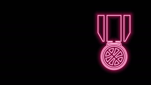 Médaille de basket-ball ligne fluo brillant avec icône de ruban isolé sur fond noir. Animation graphique de mouvement vidéo 4K - Séquence, vidéo