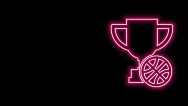 Gloeiende neon lijn Award cup met basketbal pictogram geïsoleerd op zwarte achtergrond. Winnaar trofee symbool. Kampioenschap of wedstrijd trofee. 4K Video motion grafische animatie - Video