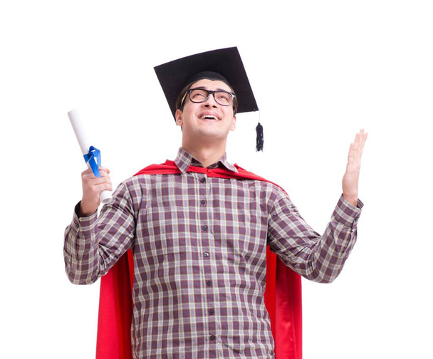 Σούπερ ήρωας φοιτητής απόφοιτος φορώντας κονίαμα καπάκι του σκάφους απομονωθεί - Φωτογραφία, εικόνα