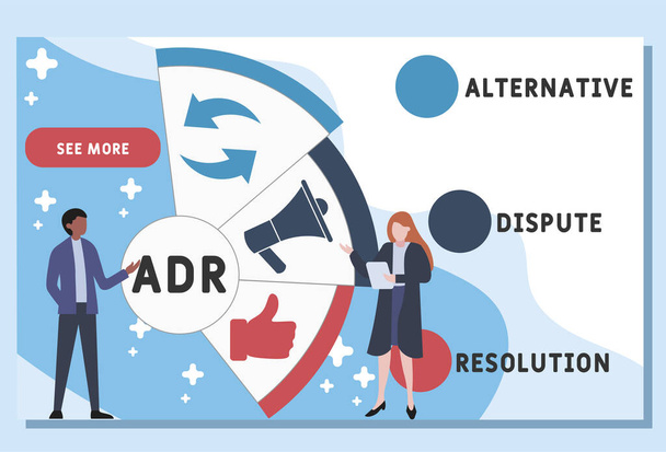 Διανυσματικό πρότυπο σχεδιασμού ιστοσελίδας. ADR - Εναλλακτική επίλυση διαφορών ακρωνύμιο, επιχειρηματική έννοια. εικονογράφηση για banner ιστοσελίδα, υλικό μάρκετινγκ, επαγγελματική παρουσίαση, online διαφήμιση. - Διάνυσμα, εικόνα