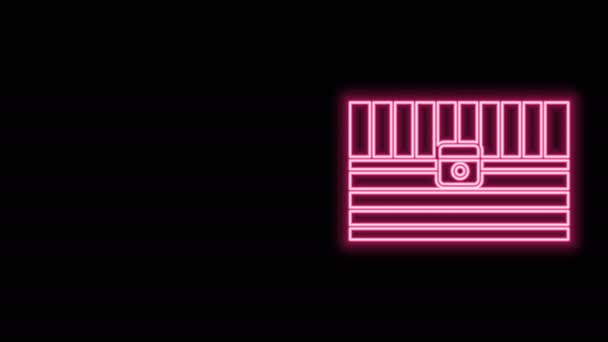 Linea neon incandescente Antica icona scrigno isolato su sfondo nero. Cassettone vintage in legno con moneta d'oro. Animazione grafica 4K Video motion - Filmati, video
