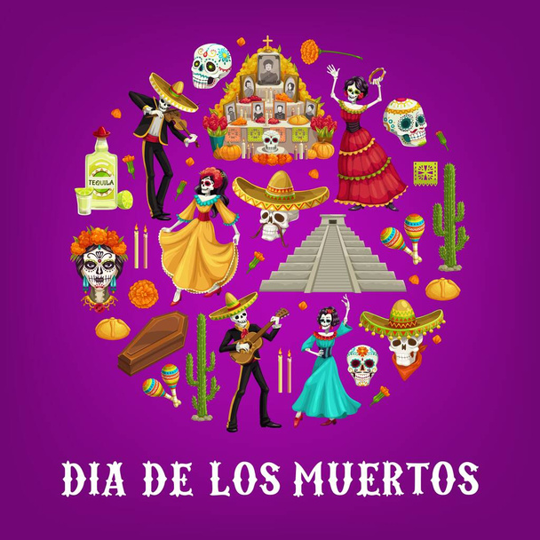 A Halottak Napja körforgása vektoros cukorkoponyákkal és mexikói Dia de los Muertos körömvirágaival. Csontváz gitárral, sombréróval és maracával, kaktusz tequilával, oltárral és gyertyával, koporsóval és piramissal - Vektor, kép