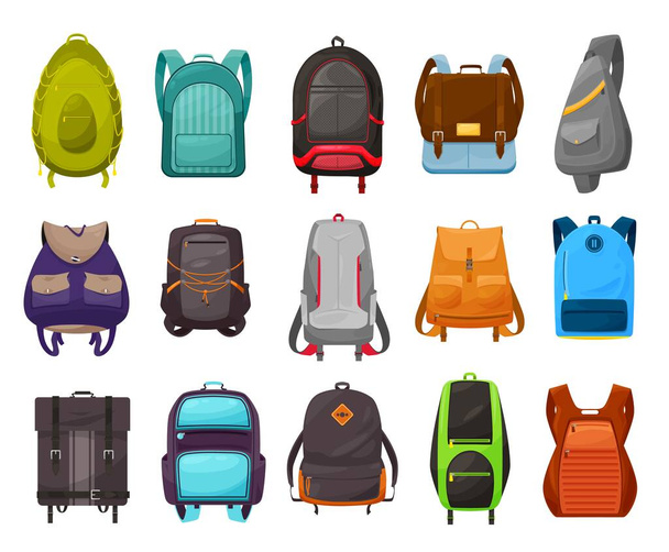 Boys school bag and backpack vector icons set. Isolated cartoon schoolbag, rucksack and knapsack of male students, education supplies with zipper pockets, buckles, swivel hooks and hanging loops - Vecteur, image