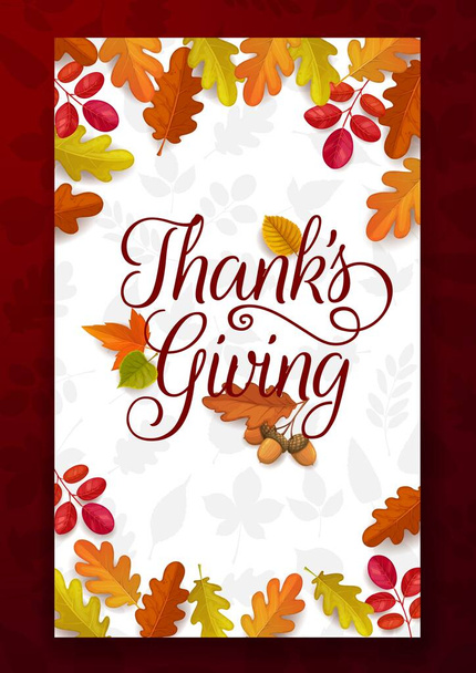 Thanks Giving vector greeting card with autumn fallen leaves of maple, oak, birch or rowan with acorn. Happy Thanksgiving day frame, fall season holiday congratulation poster with tree foliage plants - Vector, Image