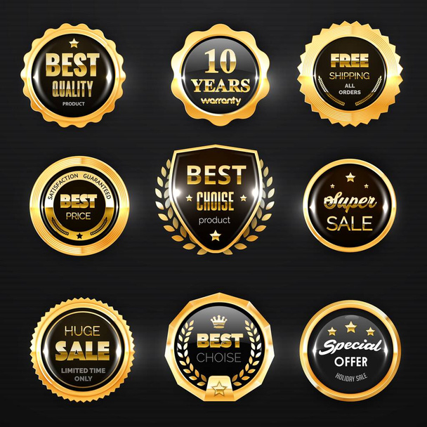 Gold badge, label and stamp seal 3d vector icons. Premium quality medals, best choice and price, special sale offer and guarantee certificate business emblems and shield, promotion design - Vector, Image