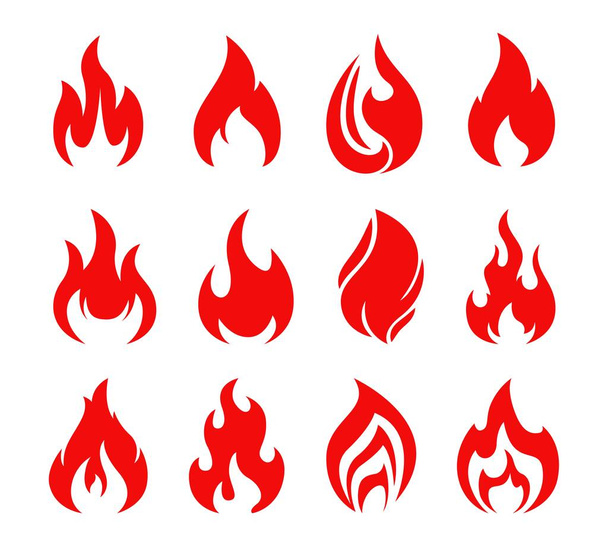 Красный огонь пламени изолированные векторные иконы набор горячего пламени костра, костра и камина, огненный шар и факел с изогнутыми огненными языками, пламя пламени и яркий взрыв. Легковоспламеняющиеся символы или знаки - Вектор,изображение