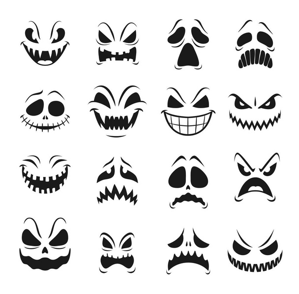 怪物はハロウィーンのホラー休日の絵文字のベクトルセットに直面しています。怒ったゾンビ、悪魔、幽霊、吸血鬼、エイリアン、邪悪な目をした不気味な生き物、歯と不気味な笑顔の恐ろしい絵文字 - ベクター画像