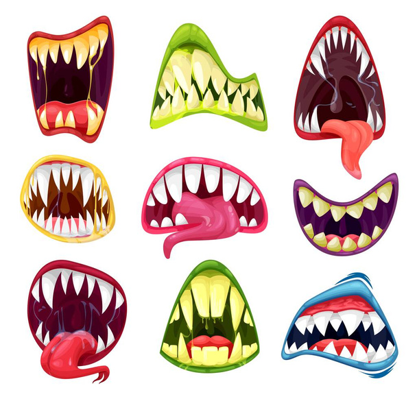 Fumetto di bocche di mostro serie di vettore Halloween vacanza horror. Denti e lingue spaventose in bocca di inquietante bestia aliena, diavolo o zombie, sorrisi spettrali di vampiro dracula, lupo mannaro o demone - Vettoriali, immagini