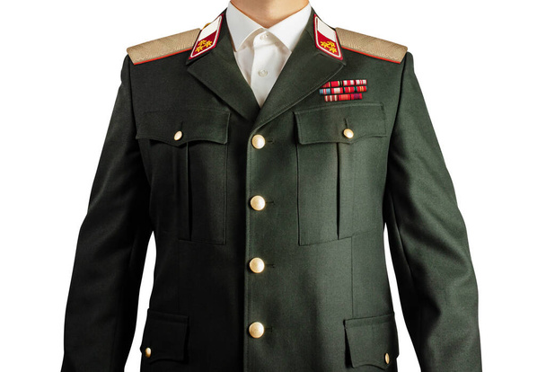 Foto isolada no fundo branco de um oficial militar em terno uniforme, vista do tronco. - Foto, Imagem