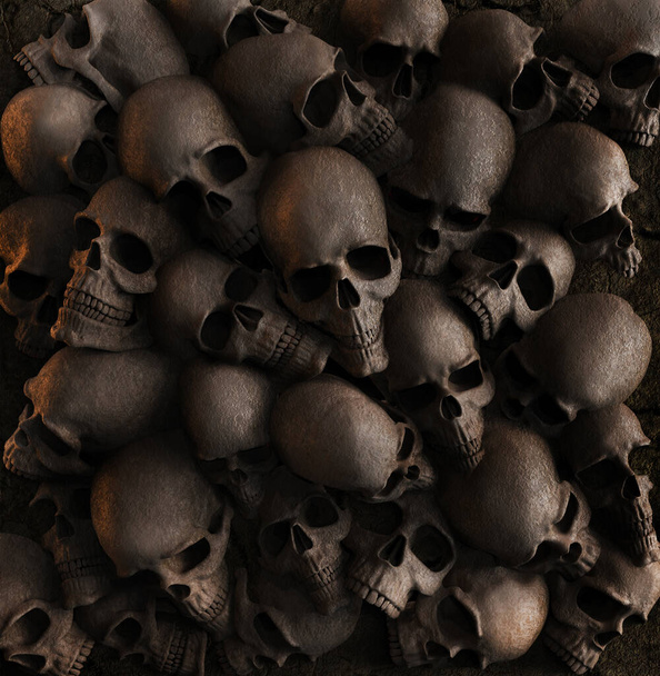 3D render háttér kép illusztráció fal készült koponyák. - Fotó, kép