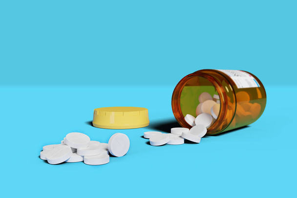 Белые таблетки, выливающиеся из пузырька с таблетками изолированы на синем фоне. 3d иллюстрация. - Фото, изображение