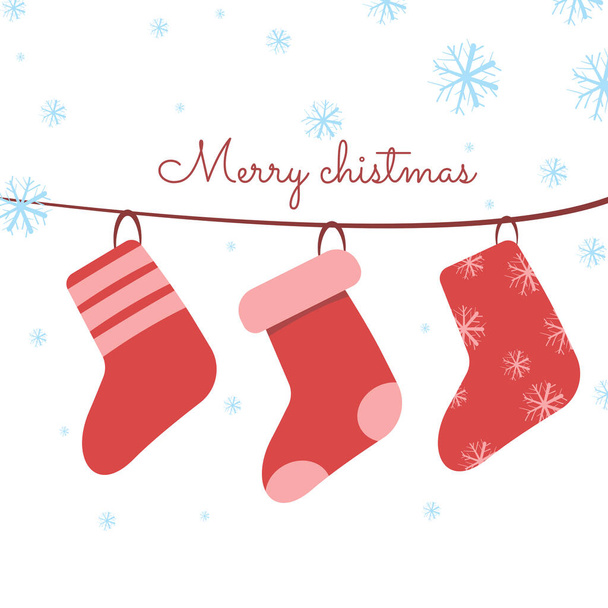 Χριστουγεννιάτικες κόκκινες κάλτσες να κρέμονται στη ράγα, χιόνι να πέφτει και χριστουγεννιάτικες ευχές - Διάνυσμα, εικόνα