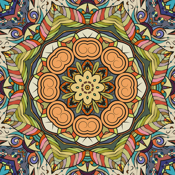 Seamless tracery tile mehndi design. Ethnic ornament, colorful doodle symmetry texture. Folk traditional spiritual tribal design. Curved doodling motif. Color art. Vector - Vector, imagen
