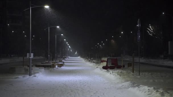 On the street of the night city it is snowing. - Footage, Video