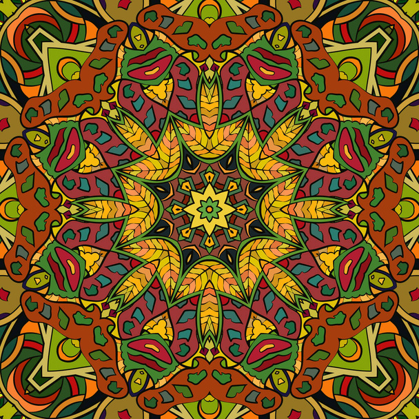 Seamless tracery tile mehndi design. Ethnic ornament, colorful doodle symmetry texture. Folk traditional spiritual tribal design. Curved doodling motif. Color art. Vector - Вектор,изображение