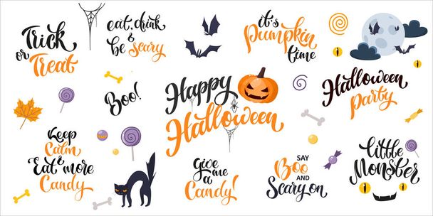 Happy Halloween lettering and cartoon elements set - Vektor, obrázek
