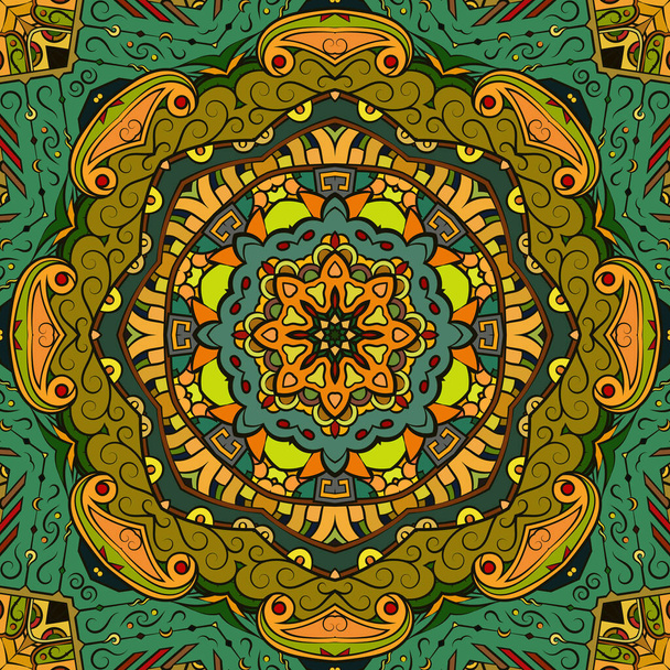 Seamless tracery tile mehndi design. Ethnic ornament, colorful doodle symmetry texture. Folk traditional spiritual tribal design. Curved doodling motif. Color art. Vector - ベクター画像